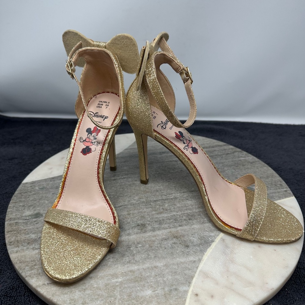 Primark Disney Minnie Mouse Gold Glitter Heels 7 Bow Ankle Strap Sandals Sparkly